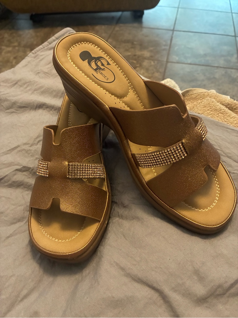 G C Brand Women's Gold Wedge Slide Sandals with Rhinestone Accent